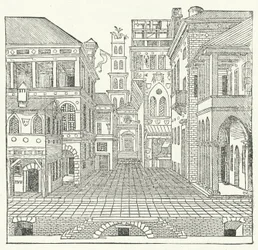 Scenografia do komedii autorstwa włoskiego manierystycznego architekta Sebastiano Serlio